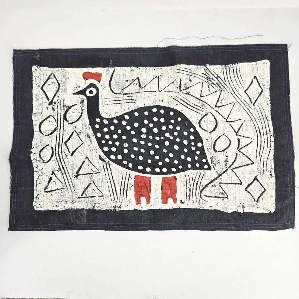 Vintage African Painted? Fabric Panels Set of 5 Guinea Fowl Lizard Abstract Art